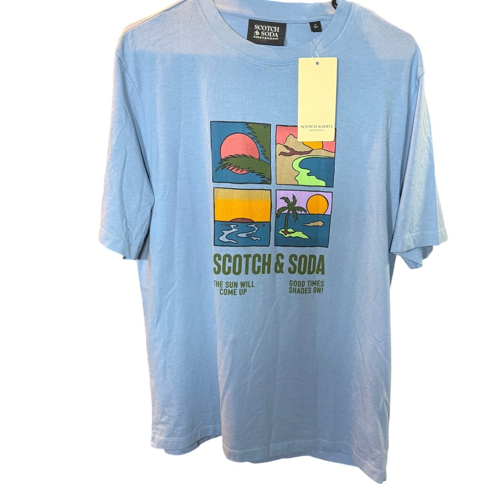 Scotch & Soda Mens Graphic T-Shirt Blue Beach Sunset Sun Will Come Up NWT Size M